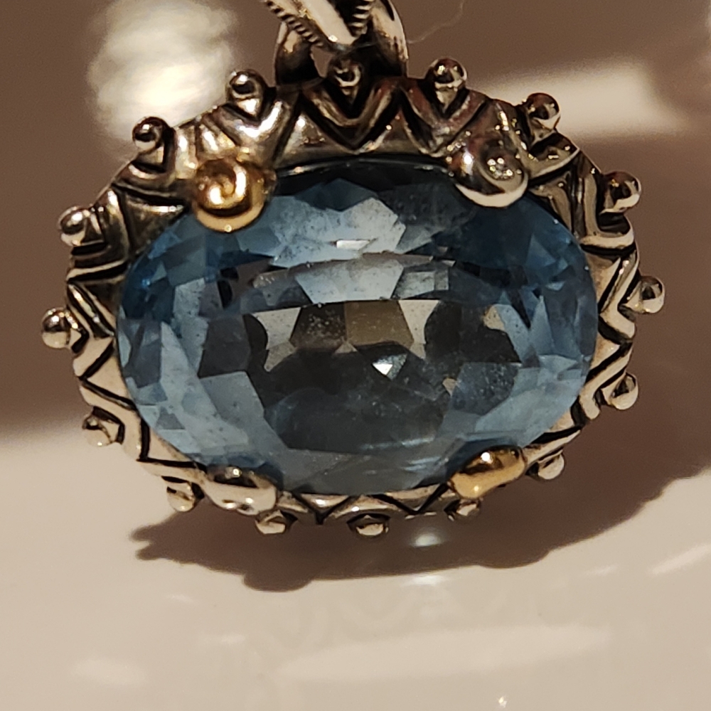 Barbara Bixby Blue Topaz Pendant Enhancer Vine Leaf Sterling Silver 18K Gold